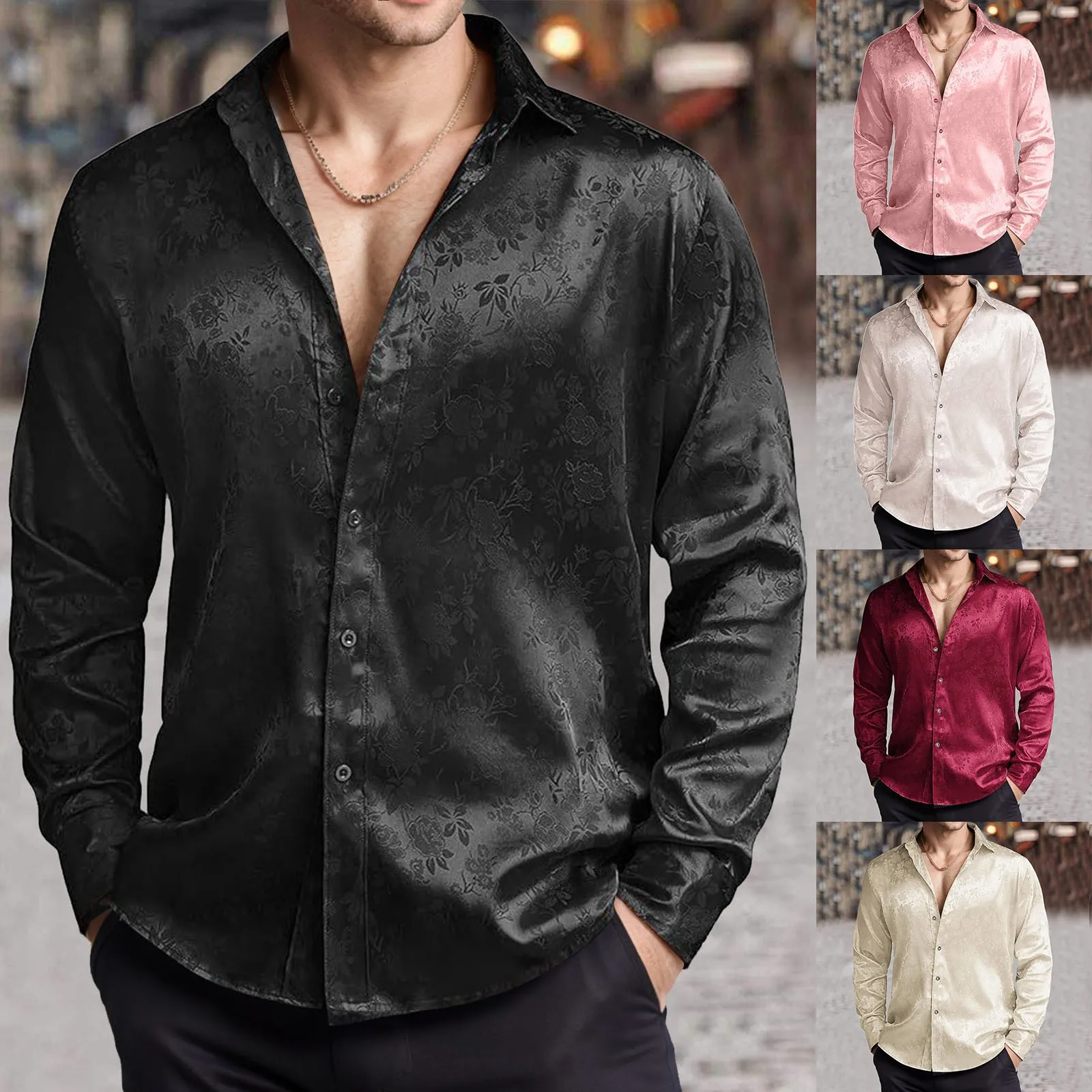 Mens Satin Silk Dress Shirt - Camicia elegante da uomo in raso