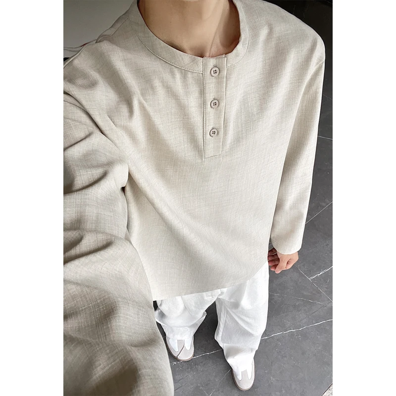 Mens Linen Shirt Long Sleeve - Camicia Casual da Uomo in Finto