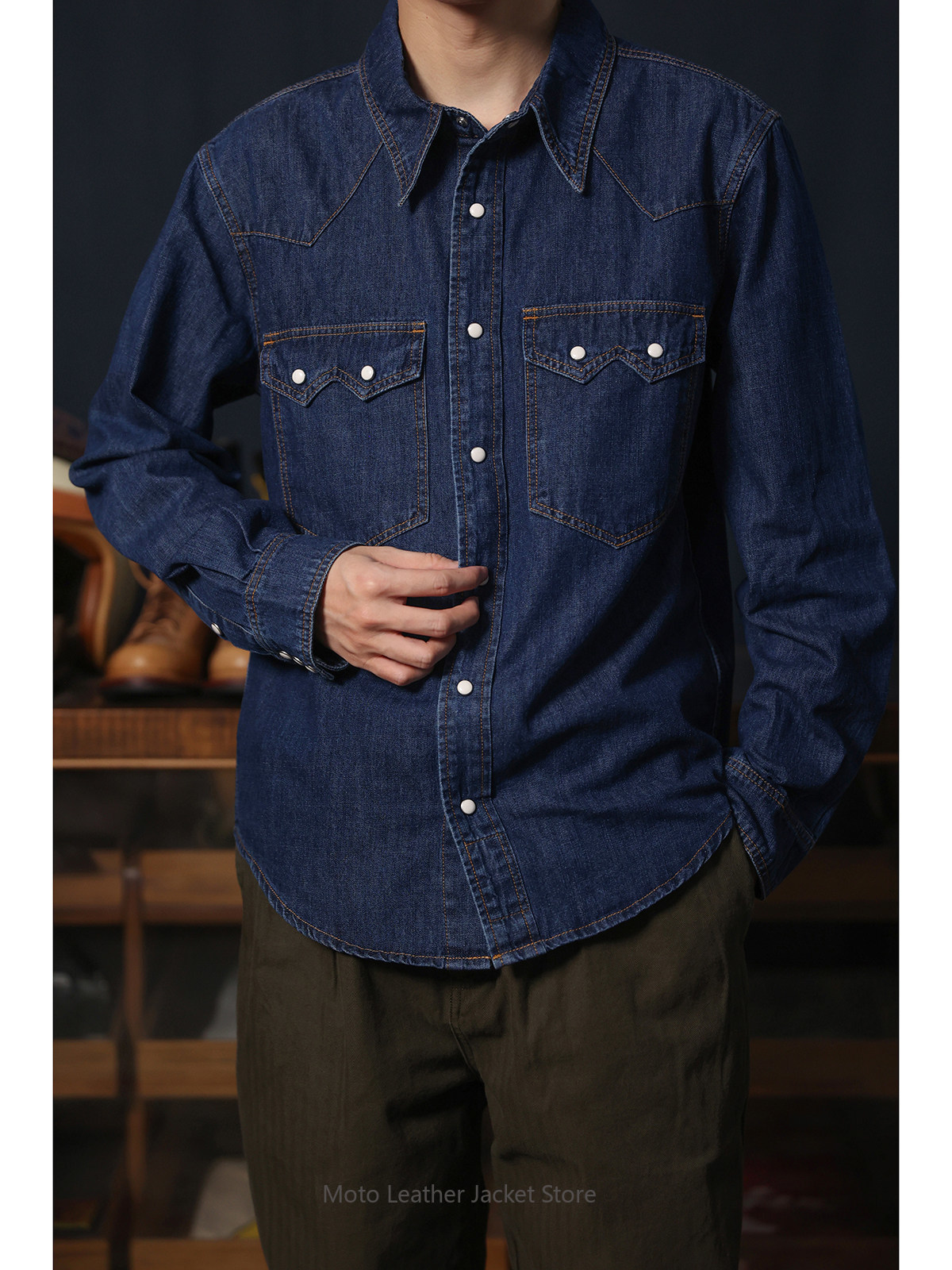 Mens Western Denim Pearl Snap Shirt - Camicia Western in Denim Americano Retrò,